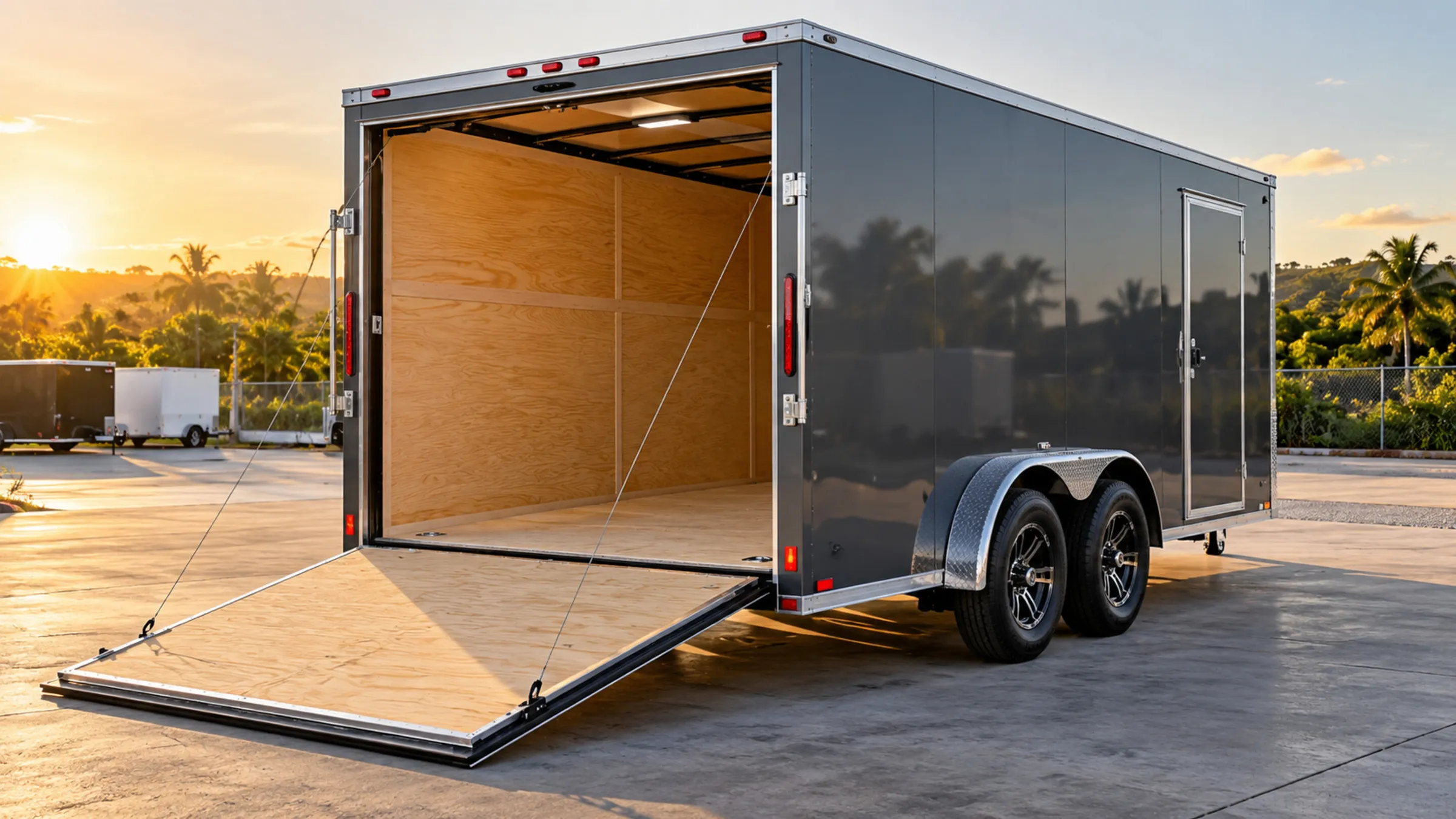 Enclosed cargo trailer with rear ramp door open